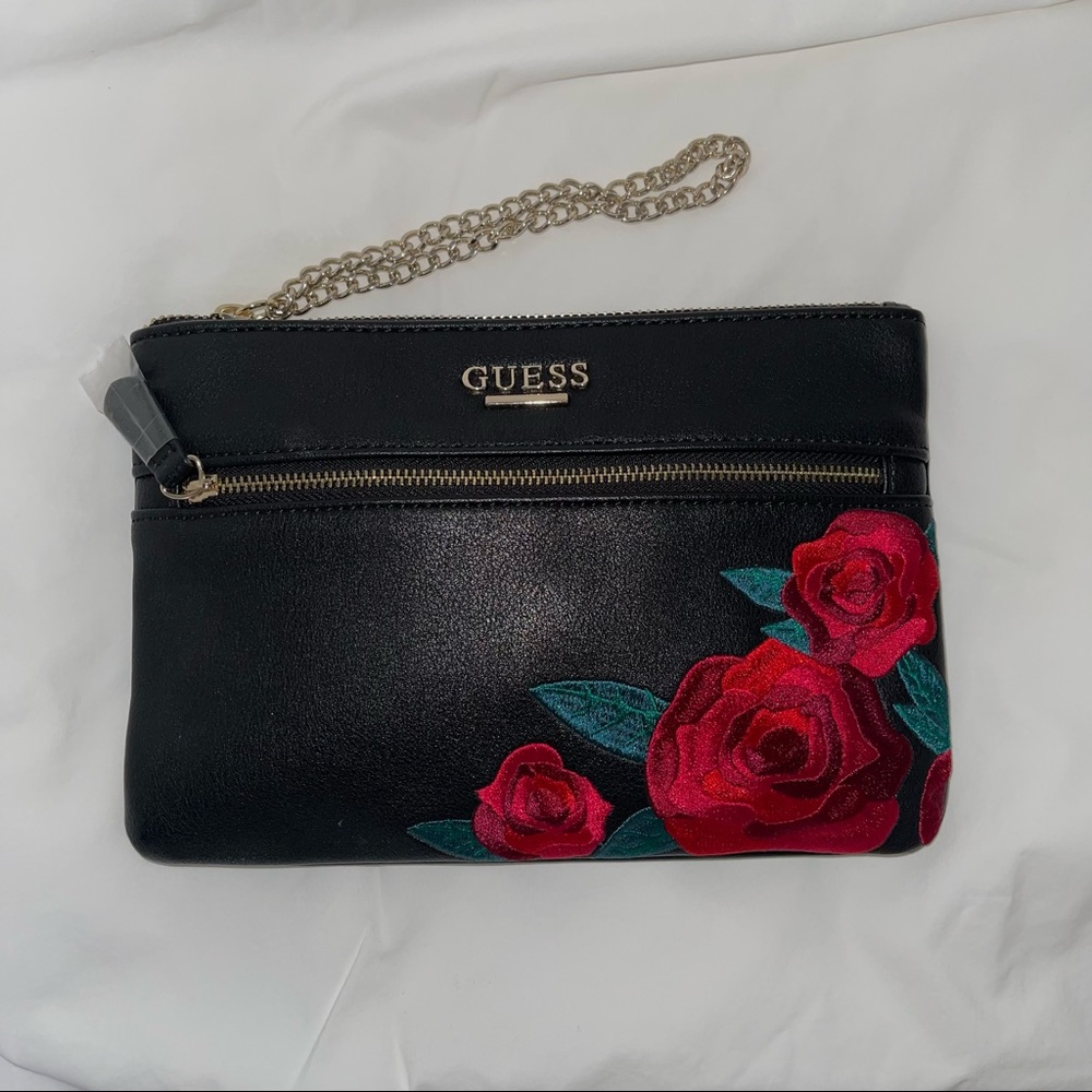 GUESS rose embroidered clutch bag